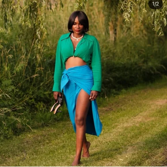 Zara * wrap midi knot blue skirt - Picture 3 of 16